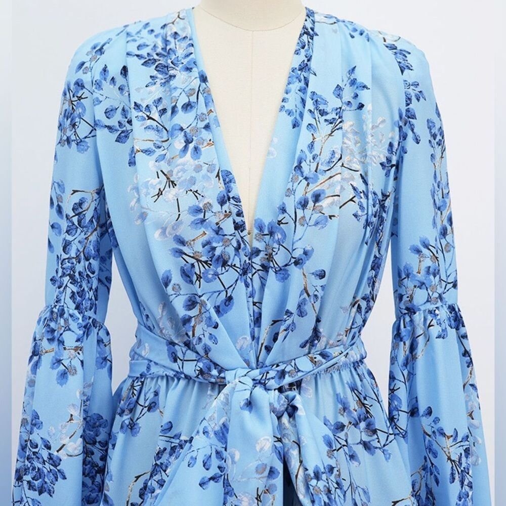 NWOT BRONX ADN BANCO BEDOUIN BLUE POPPY SHORT DRESS Floral Wrap Dress - Picture 6 of 13